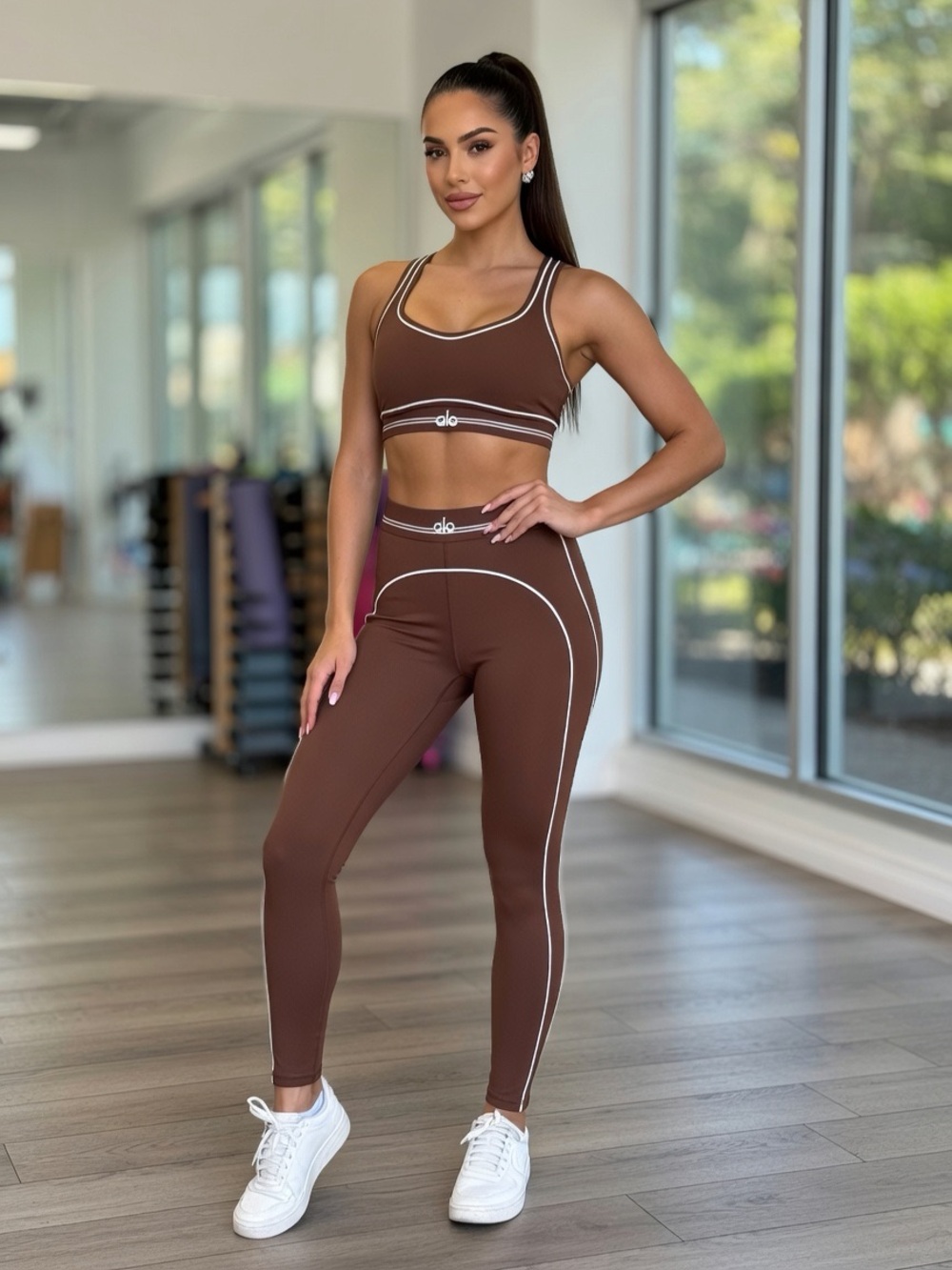 Brown High-Rise Sculpting Leggings with Contrast Piping & sports bra set